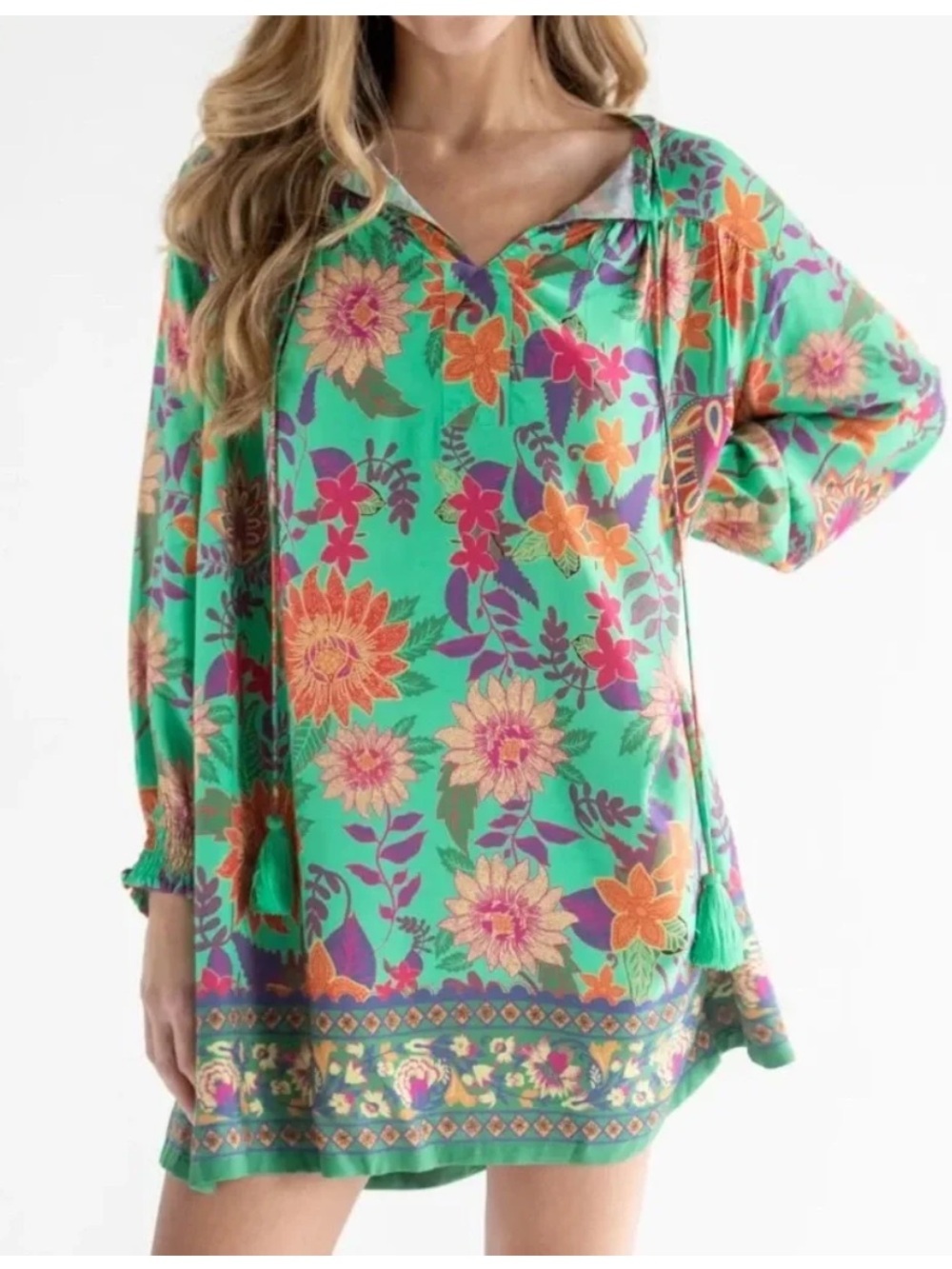 Natural Life Dara V-Neck Mini Dress Green Floral Size Large Boho
